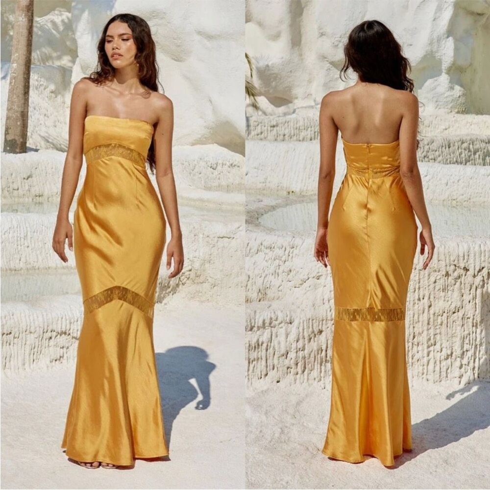 Strapless Gold Satin Evening Dress